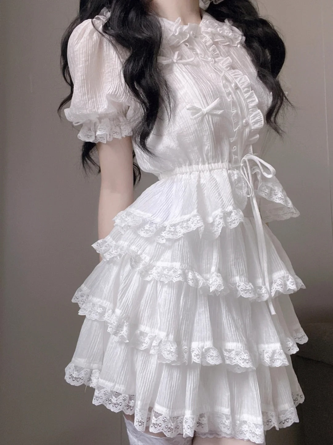 Elegant White Peter Pan Collar Puff Sleeve A Line Short Homecoming Dress With Small Bows AS3040
