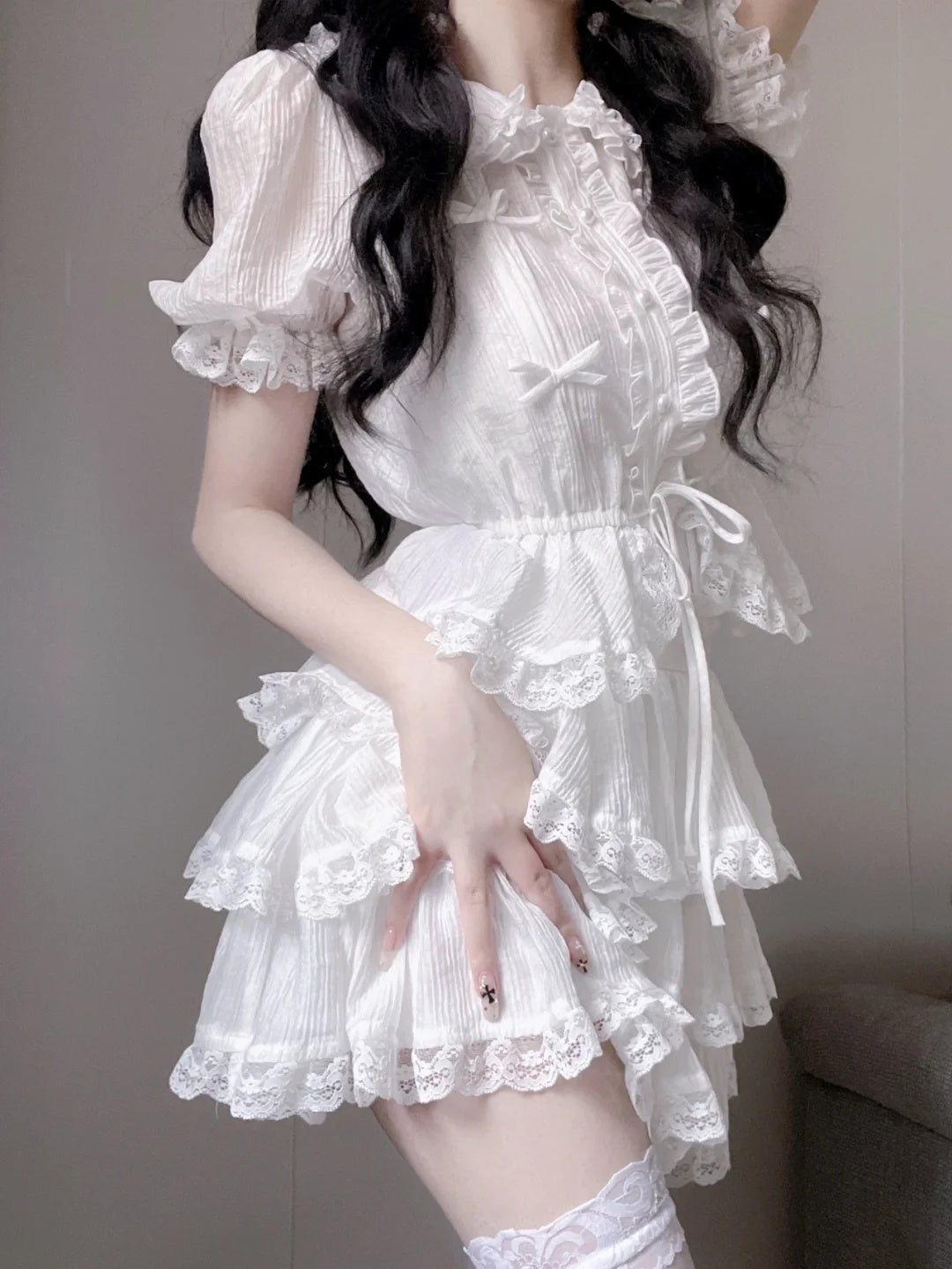 Elegant White Peter Pan Collar Puff Sleeve A Line Short Homecoming Dress With Small Bows AS3040