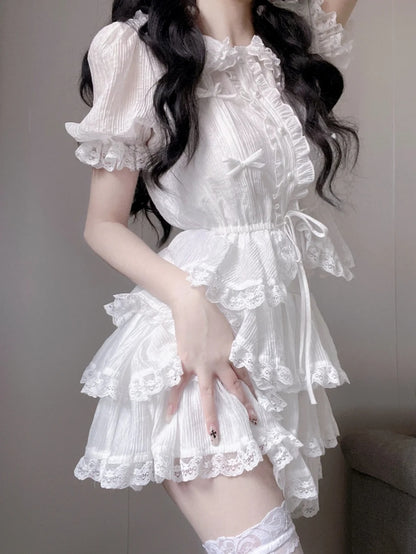 Elegant White Peter Pan Collar Puff Sleeve A Line Short Homecoming Dress With Small Bows AS3040