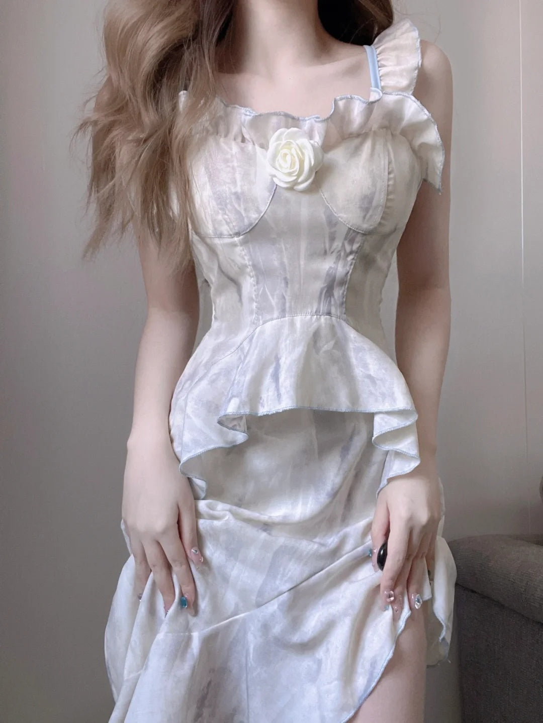 Chic Ivory With Pale Blue Print Strap A Line Ruffled Short Homecming Dress With 3D Floral AS3041