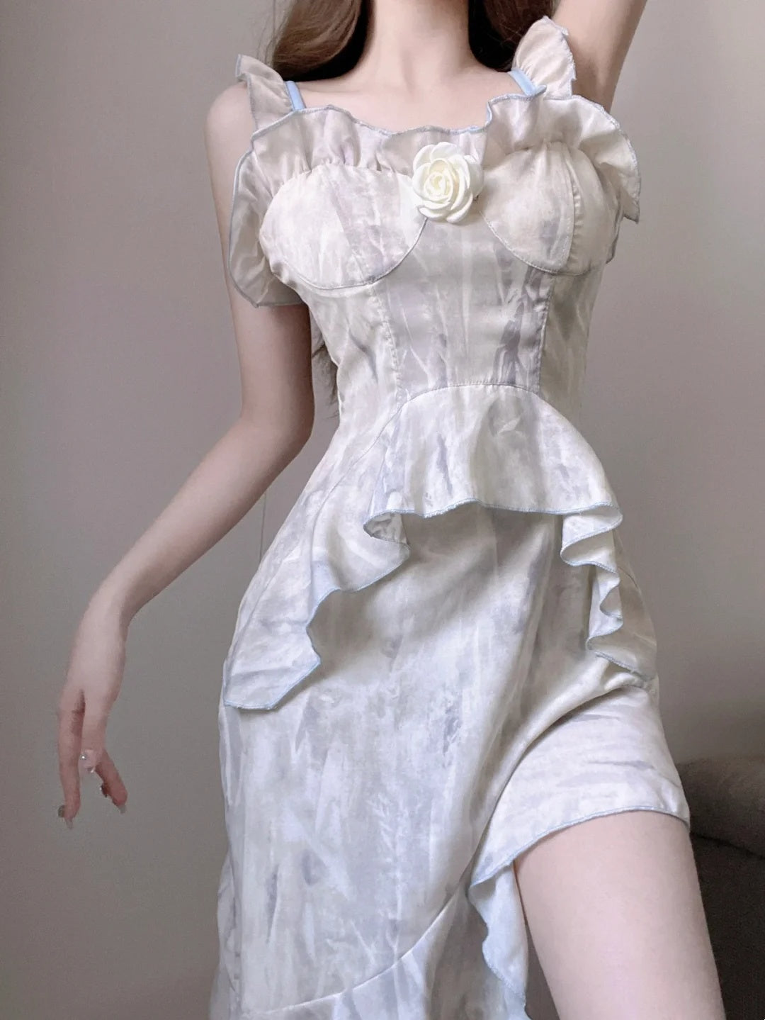 Chic Ivory With Pale Blue Print Strap A Line Ruffled Short Homecming Dress With 3D Floral AS3041