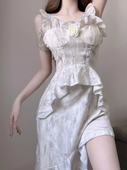 Chic Ivory With Pale Blue Print Strap A Line Ruffled Short Homecming Dress With 3D Floral AS3041
