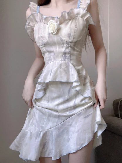 Chic Ivory With Pale Blue Print Strap A Line Ruffled Short Homecming Dress With 3D Floral AS3041