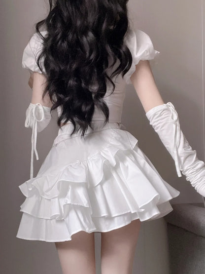 Sweet White Sweetheart Neck Puff Sleeve Two Piece A Line Short Homecoming Dress With Pearl Heart AS3042