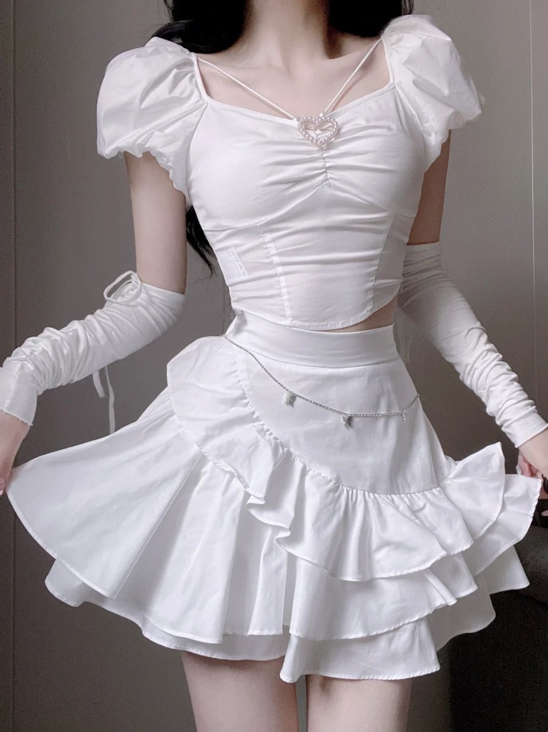 Sweet White Sweetheart Neck Puff Sleeve Two Piece A Line Short Homecoming Dress With Pearl Heart AS3042