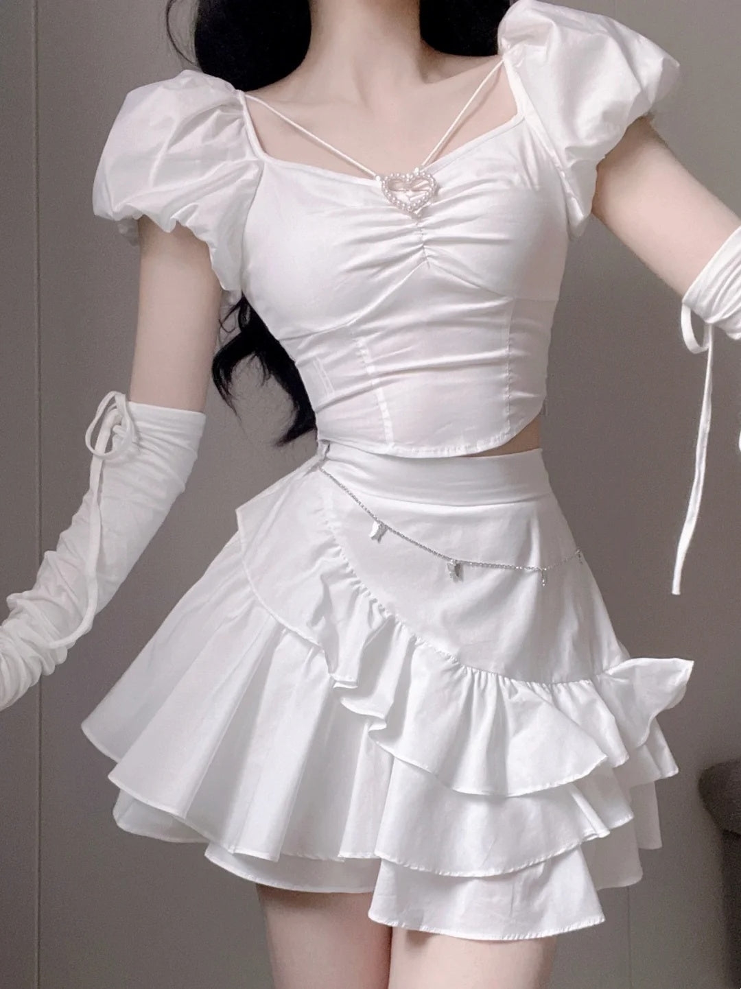 Sweet White Sweetheart Neck Puff Sleeve Two Piece A Line Short Homecoming Dress With Pearl Heart AS3042
