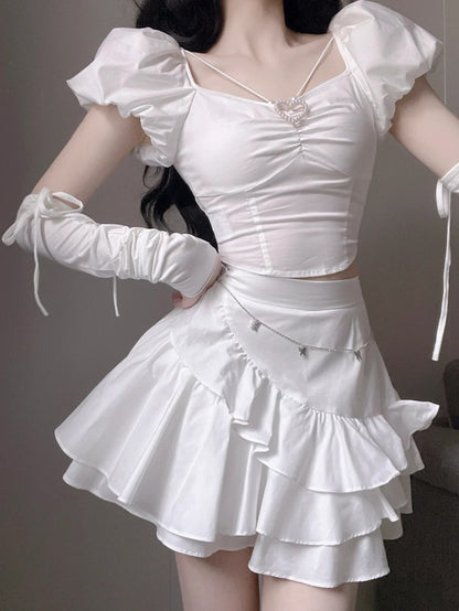 Sweet White Sweetheart Neck Puff Sleeve Two Piece A Line Short Homecoming Dress With Pearl Heart AS3042