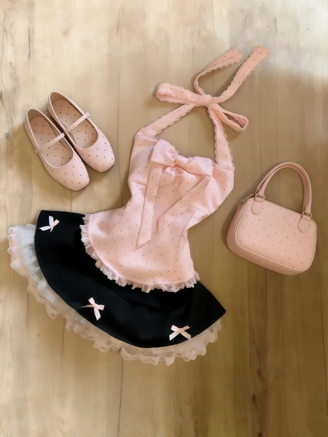 Sweet Pink Polka Dot Halter A Line Short Homecoming Dress With Bows AS3048