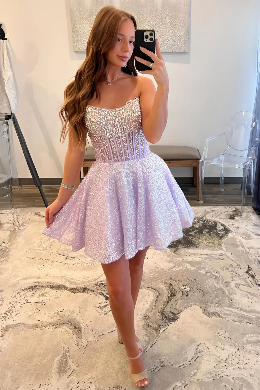 Lilac Sequin Fit And Flare Homecoming Dress With Rhinestone Corset Bodice AS305