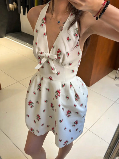 Chic White Floral Halter Bow A Line Short Homecoming Dress AS3052