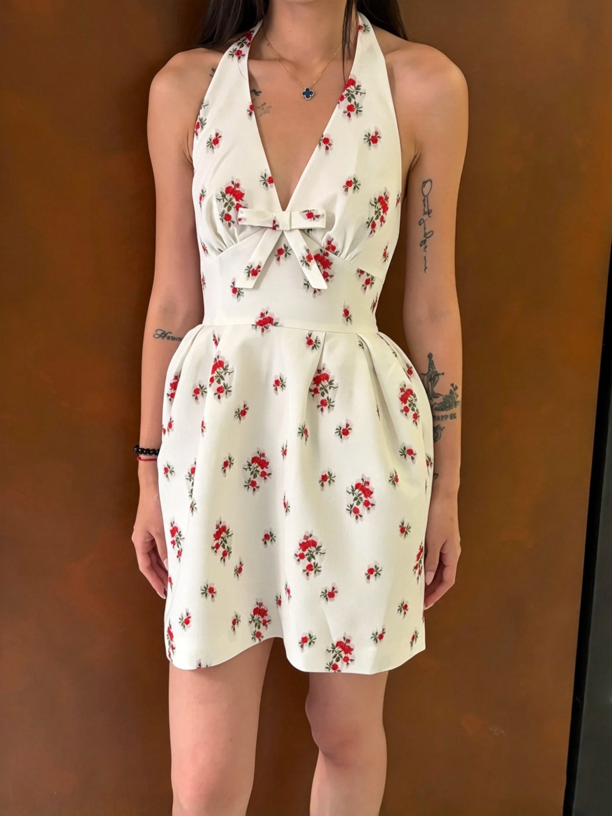 Chic White Floral Halter Bow A Line Short Homecoming Dress AS3052