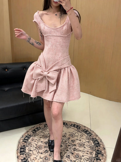 Gorgeous Pink Square Neck A Line Short Homecoming Dress With Big Waist Bow AS3057