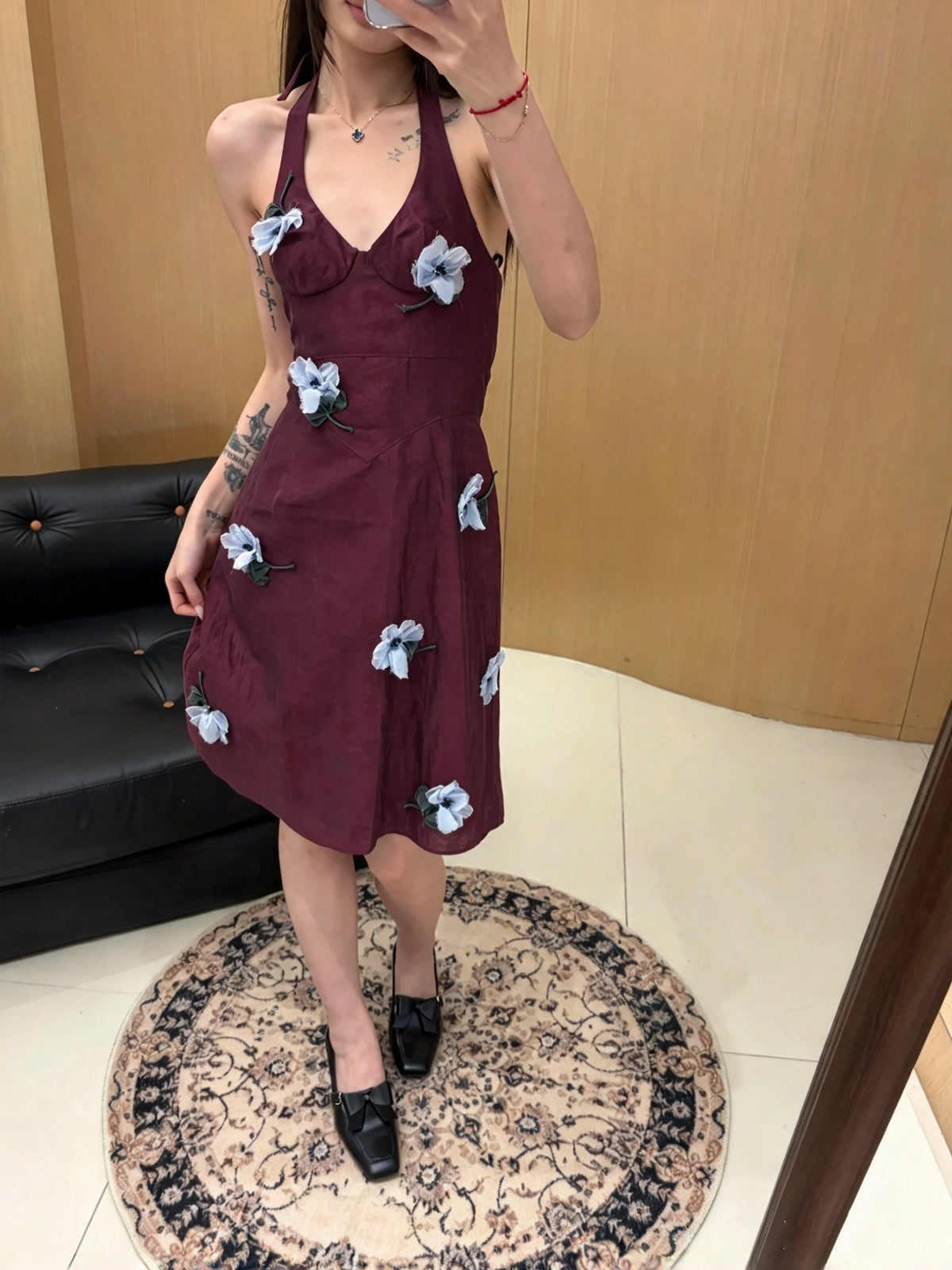 Chic Burgundy Halter V Neck A Line Short Homecoming Dress With 3D Light Blue Floral Appliques AS3058