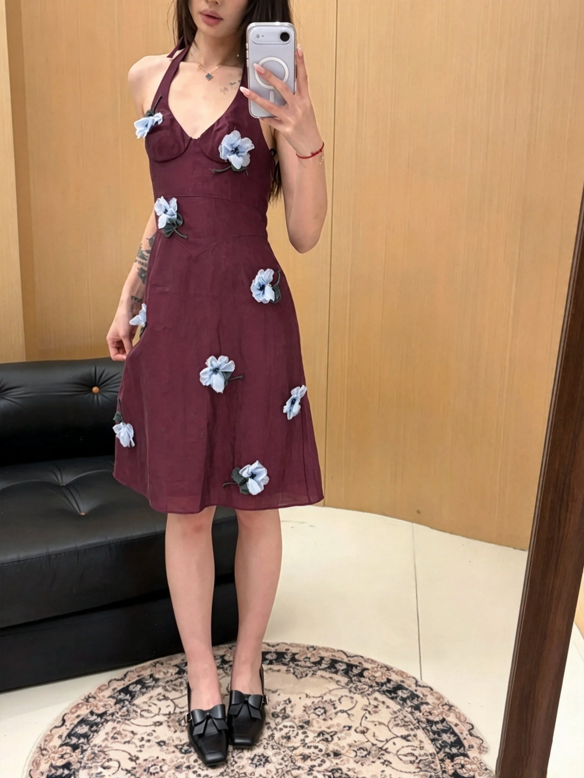 Chic Burgundy Halter V Neck A Line Short Homecoming Dress With 3D Light Blue Floral Appliques AS3058