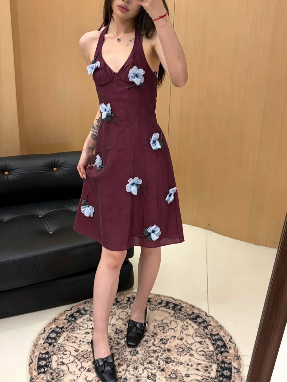 Chic Burgundy Halter V Neck A Line Short Homecoming Dress With 3D Light Blue Floral Appliques AS3058