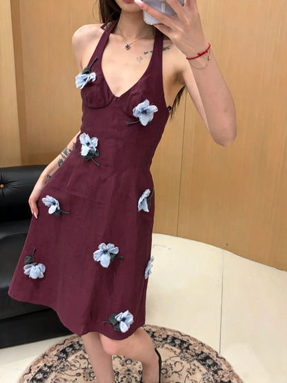 Chic Burgundy Halter V Neck A Line Short Homecoming Dress With 3D Light Blue Floral Appliques AS3058