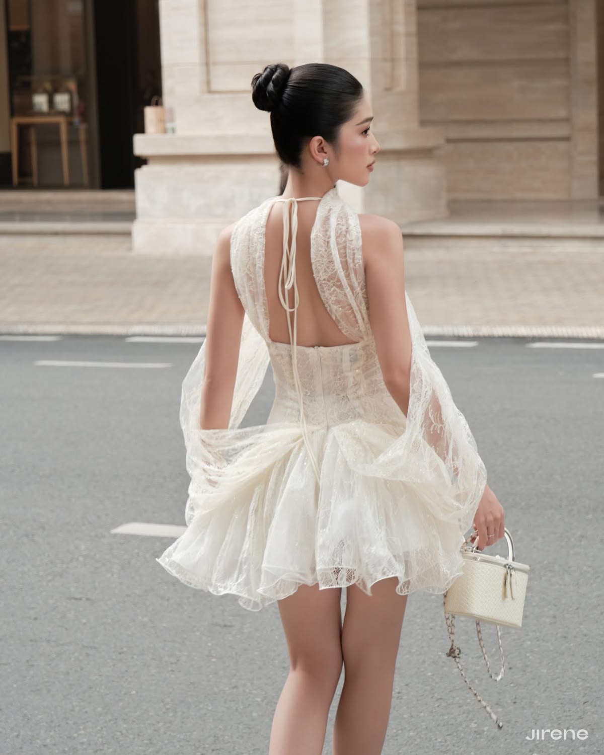 Elegant Ivory Halter Floral Appliqué Lace Ruffle A Line Short Homecoming Dress AS3059