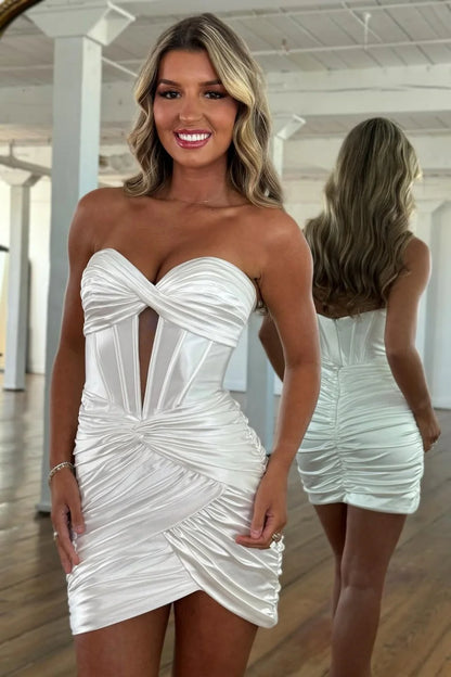 White Satin Ruched Sweetheart Tight Mini Homecoming Dress AS306