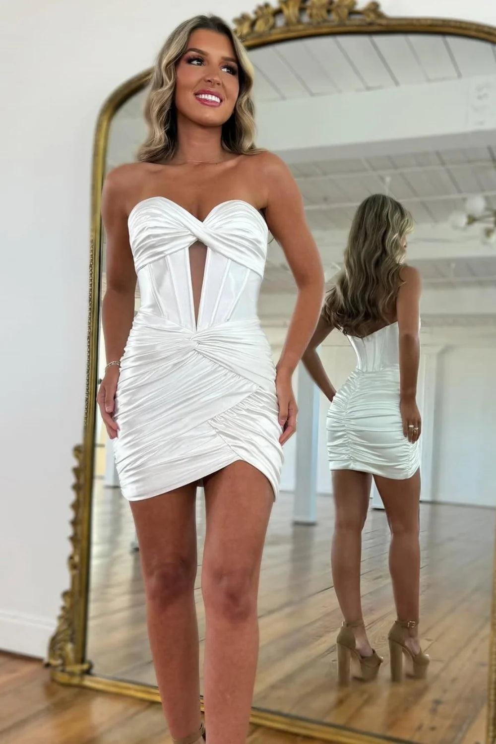 White Satin Ruched Sweetheart Tight Mini Homecoming Dress AS306