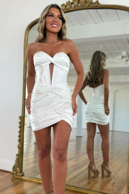 White Satin Ruched Sweetheart Tight Mini Homecoming Dress AS306