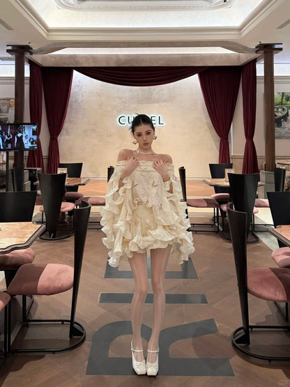 Romantic Cream Off Shoulder Eyelet Embroidery Loose Ruffle A Line Short Homecoming Dress AS3060