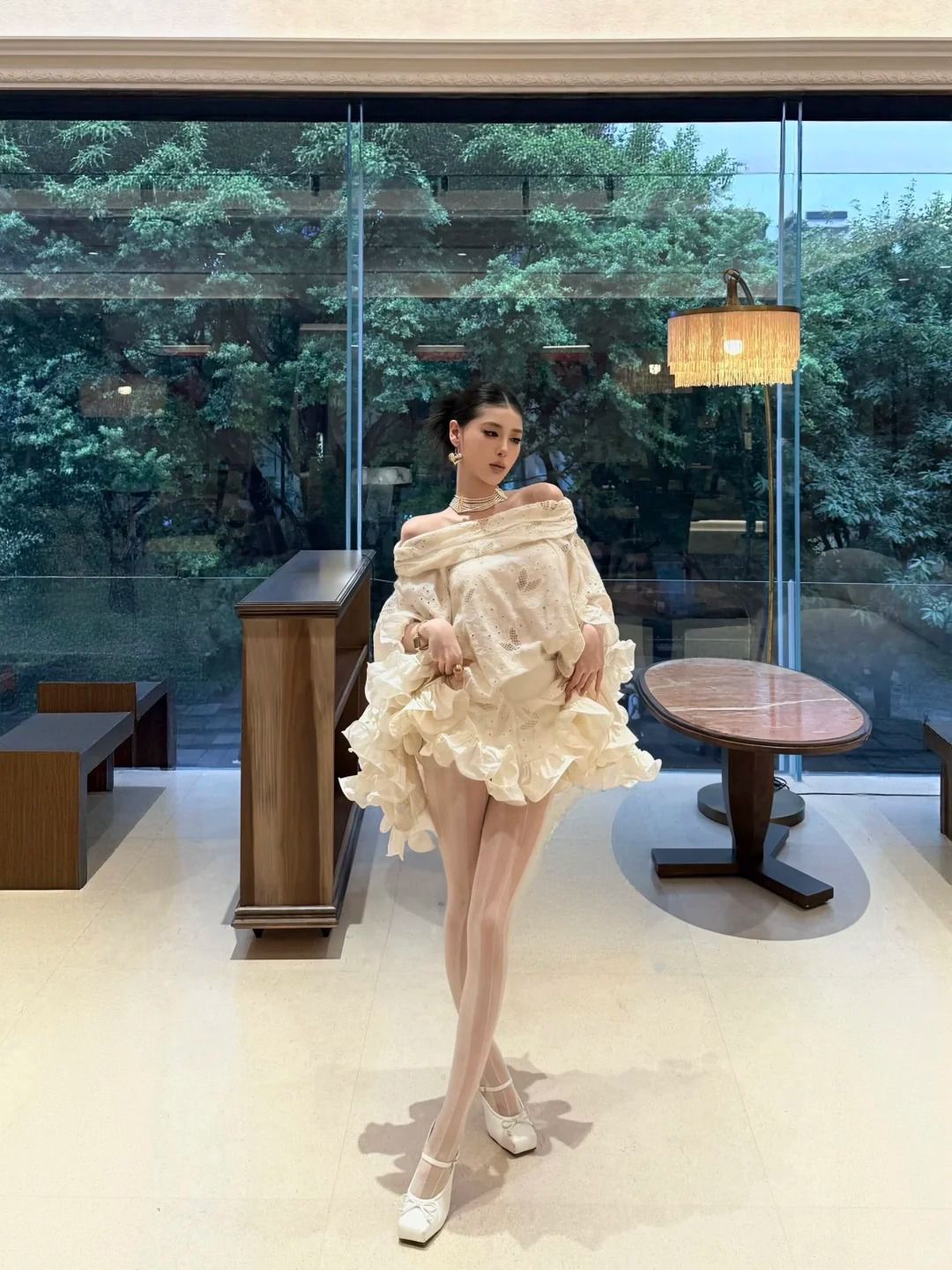Romantic Cream Off Shoulder Eyelet Embroidery Loose Ruffle A Line Short Homecoming Dress AS3060