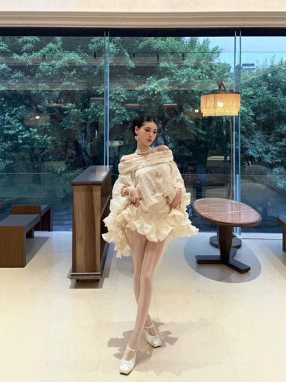 Romantic Cream Off Shoulder Eyelet Embroidery Loose Ruffle A Line Short Homecoming Dress AS3060