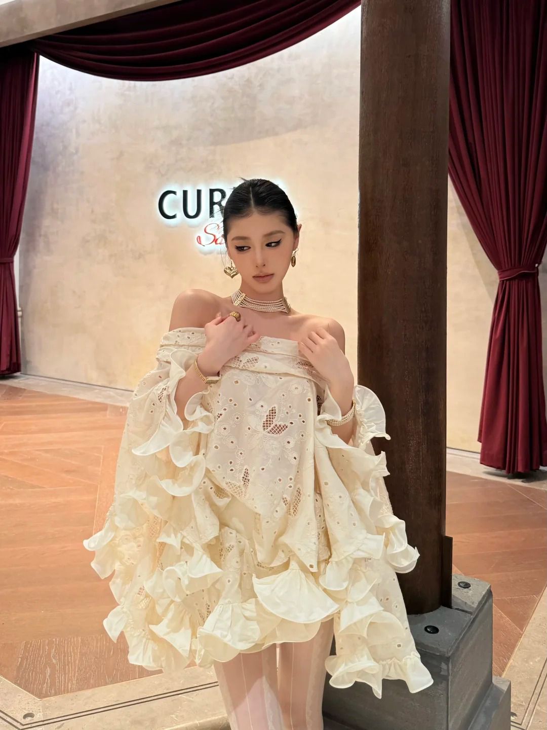 Romantic Cream Off Shoulder Eyelet Embroidery Loose Ruffle A Line Short Homecoming Dress AS3060