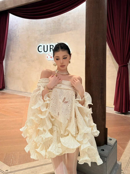 Romantic Cream Off Shoulder Eyelet Embroidery Loose Ruffle A Line Short Homecoming Dress AS3060