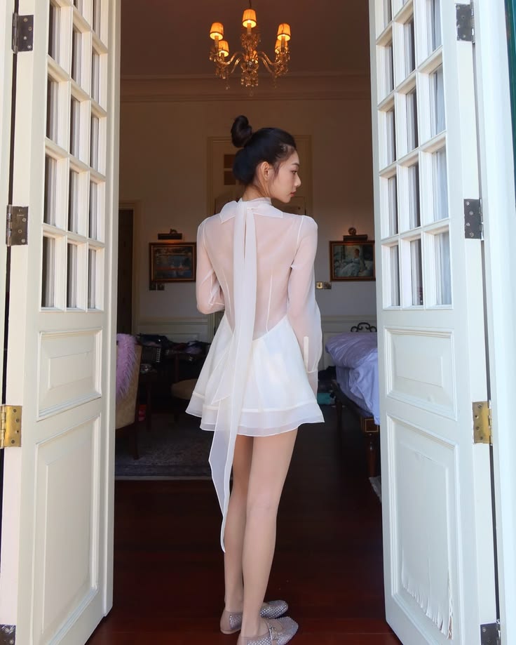 Gorgeous Ivory High Neck Cutout Bow Chiffon Flare Sleeve A Line Short Homecoming Dress AS3061