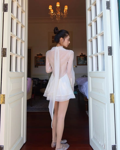 Gorgeous Ivory High Neck Cutout Bow Chiffon Flare Sleeve A Line Short Homecoming Dress AS3061