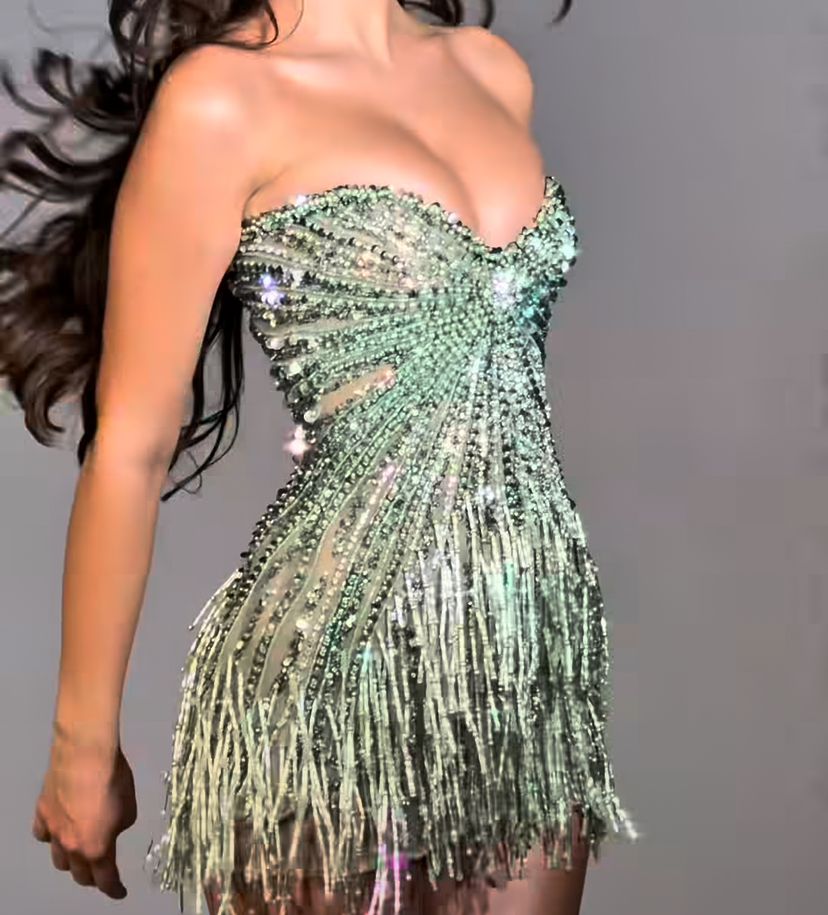 Stunning Green Strapless Beaded Fringe Bodycon Short Homecoming Dress AS3064