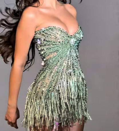 Stunning Green Strapless Beaded Fringe Bodycon Short Homecoming Dress AS3064