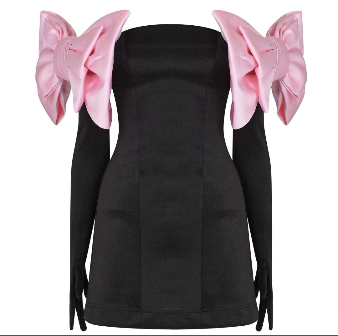 Chic Black Off Shoulder Long Sleeves Bodycon Short Homecoming Dress With Oversized Pink Satin Bows AS3067