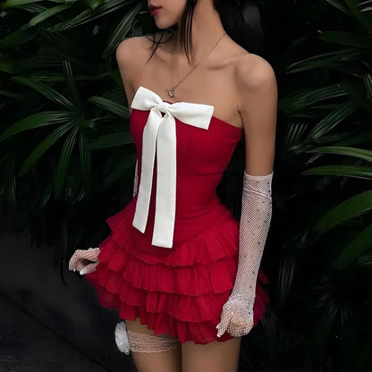 Vibrant Red Strapless Corset A Line Short Homecoming Dress With White Bow AS3070