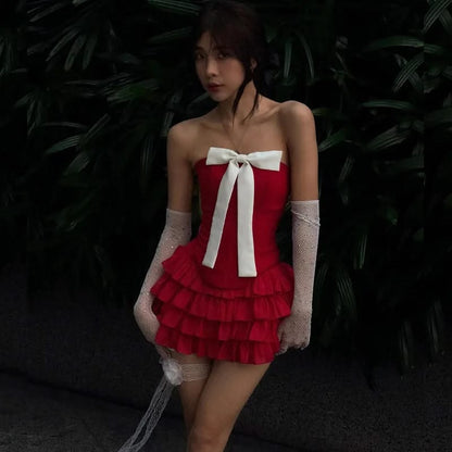 Vibrant Red Strapless Corset A Line Short Homecoming Dress With White Bow AS3070
