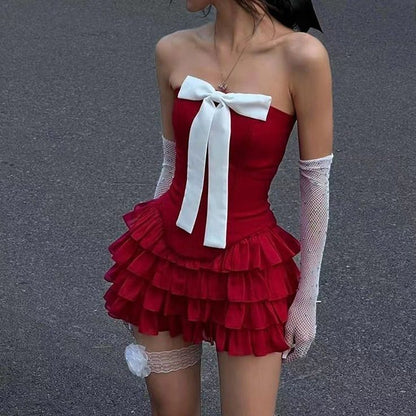 Vibrant Red Strapless Corset A Line Short Homecoming Dress With White Bow AS3070