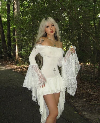 Ethereal White Off Shoulder Lace Flare Sleeve High Low Ruffle A Line Short Homecoming Dress AS3075