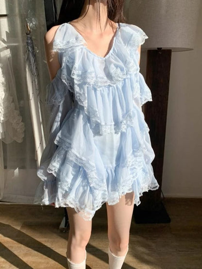 Dreamy Light Blue Halter V Neck Long Sleeves Tiered Lace Ruffle A Line Short Homecoming Dress AS3076