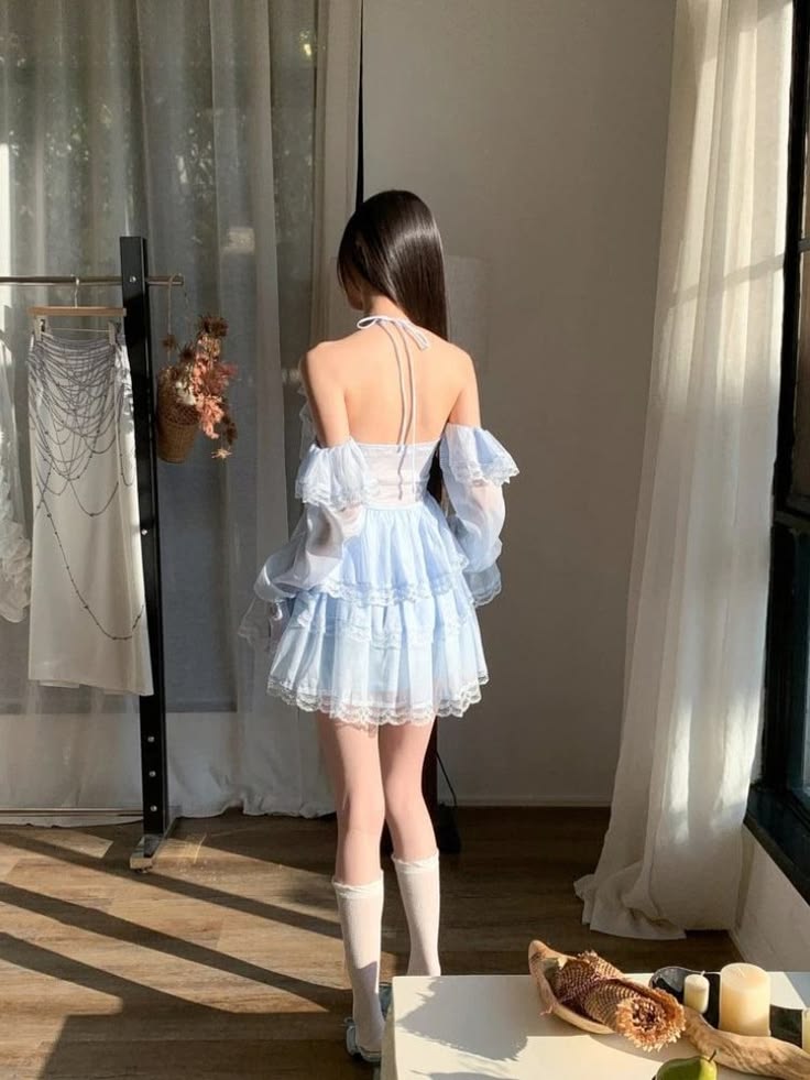 Dreamy Light Blue Halter V Neck Long Sleeves Tiered Lace Ruffle A Line Short Homecoming Dress AS3076