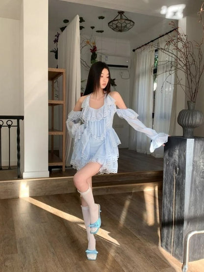 Dreamy Light Blue Halter V Neck Long Sleeves Tiered Lace Ruffle A Line Short Homecoming Dress AS3076