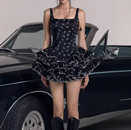 Chic Black Square Neck Straps White Bow Print Ruffled A Line Short Homecoming AS3079