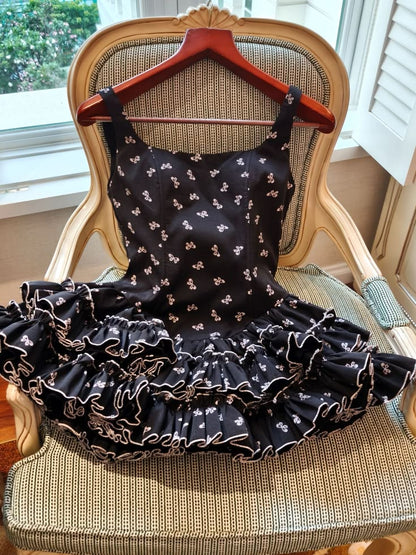 Chic Black Square Neck Straps White Bow Print Ruffled A Line Short Homecoming AS3079