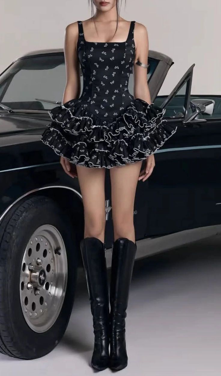 Chic Black Square Neck Straps White Bow Print Ruffled A Line Short Homecoming AS3079