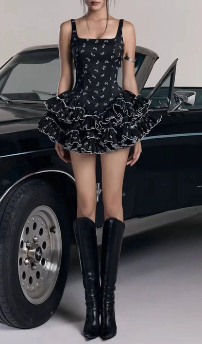 Chic Black Square Neck Straps White Bow Print Ruffled A Line Short Homecoming AS3079