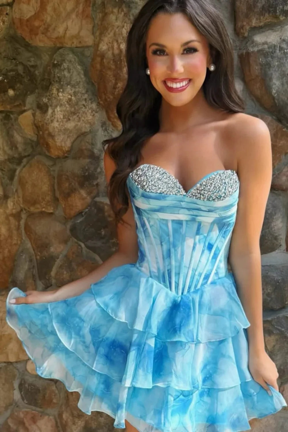 Blue Watercolor Corset Homecoming Dress With Tiered Ruffle Skirt And Beading AS308