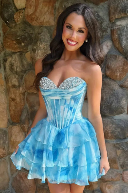 Blue Watercolor Corset Homecoming Dress With Tiered Ruffle Skirt And Beading AS308