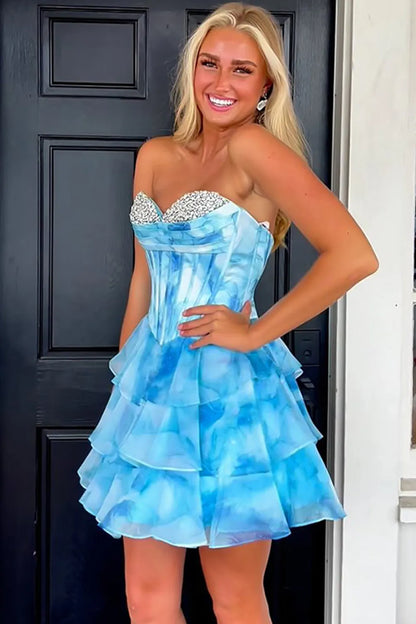 Blue Watercolor Corset Homecoming Dress With Tiered Ruffle Skirt And Beading AS308