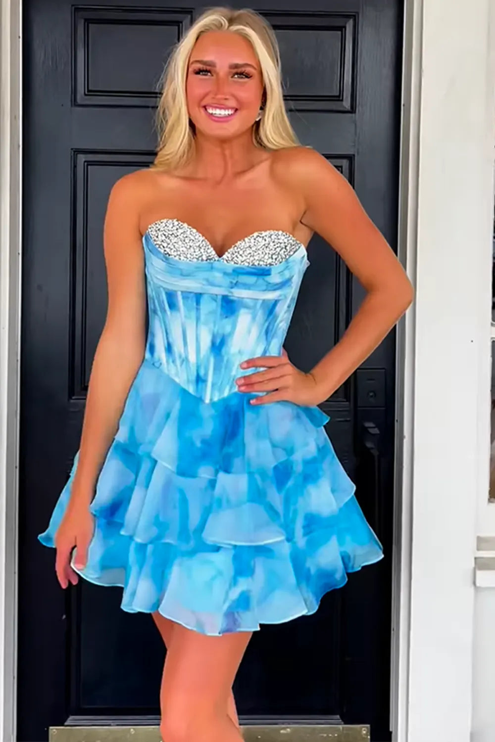 Blue Watercolor Corset Homecoming Dress With Tiered Ruffle Skirt And Beading AS308