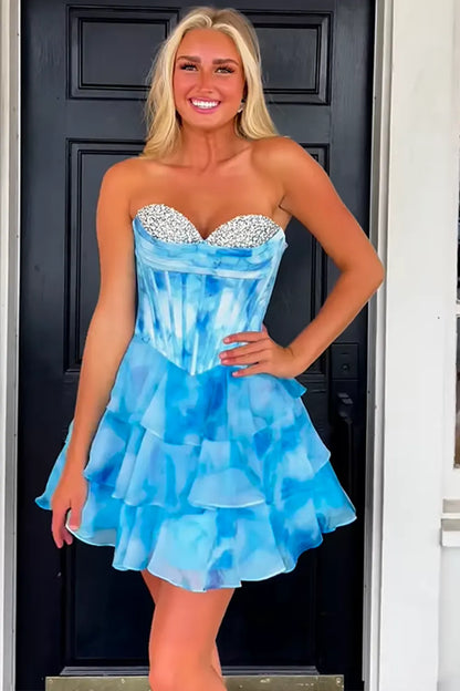Blue Watercolor Corset Homecoming Dress With Tiered Ruffle Skirt And Beading AS308
